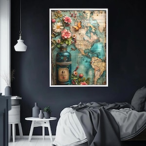 Vintage Weltkarte Wandbild mit Blumen & Flasche, Reise Dekoration, Romantische Natur Kunstdruck, Rustikales Abenteuer Poster