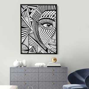 Abstract Black and White Face Line Art Print, Modern Optical Wall Art, Geometric Pattern Illustration, Surreal Eye Drawing Poster