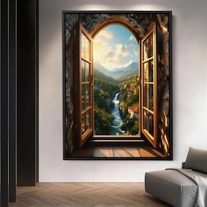 Window Frame Canvas Gift, Rustic Window Print Wall Decor,  Window Landscape Canvas Poster, Landscape Wall Decor, Canvas Art, Home Decor