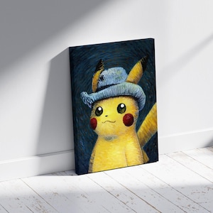 Pikachu in Van Gogh Style Canvas, Cute Hat Pikachu Art Print, Whimsical Pokémon Wall Decor, Kids Room Anime Style Painting
