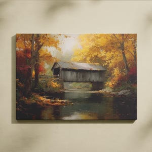 Autumn Wooden Bridge Over River Canvas Wall Art, Nature and Forest Decorative Landscape Painting