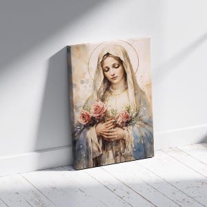Blessed Virgin Mary Wall Art, Holy Mother Canvas Print, Religious Christian Home Decor, Madonna with Roses Painting, Spiritual Art Gift