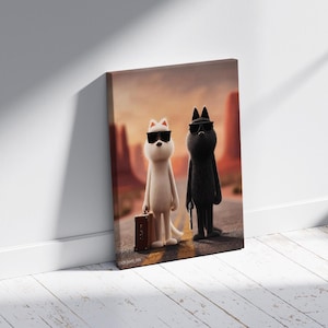 Funny Cat Dog Duo Canvas, Cool Animal Art Print, Cartoon Cats Wall Decor, Adventure Pet Poster, Travel Animal Wall Art