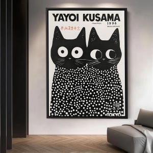 Poster con due gatti in stile Yayoi Kusama, stampa pop art in bianco e nero, decorazione murale moderna giapponese, illustrazione minimalista a pois