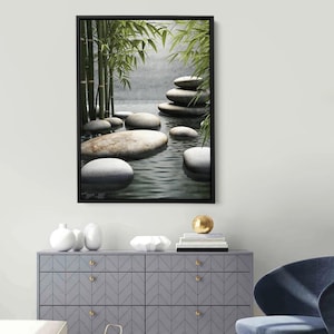 Zen Bamboo Stones Wall Art, Minimalist Nature Canvas, Tranquil Water Stones Print, Japanese Garden Poster, Relaxing Spa Decor Artwork