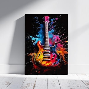 Colorful Electric Guitar Canvas Art, Splash Ink Music Wall Print, Modern Rock and Roll Decor for Music Room or Studio, Pop Art Poster