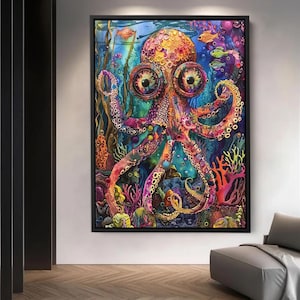 Arte en lienzo de pulpo abstracto colorido, decoración de pared artística con temática oceánica, obra de arte de vida marina de fantasía vibrante, arte de pared en lienzo
