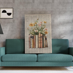 Stampa artistica di libri e fiori vintage, stampa da parete con pila di libri botanici, poster floreale letterario, sfondo di carta antica, accogliente decorazione per la lettura