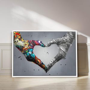 Graffiti Hands Heart Canvas Art, Street Style Love Wall Decor, Black White and Color Contrast Art, Symbol of Unity, Modern Urban Print