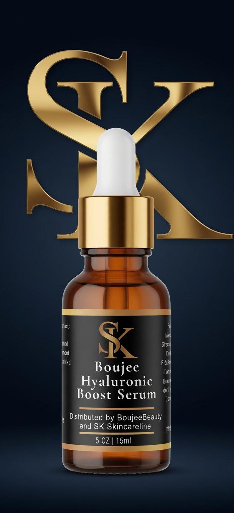 May include: A brown glass bottle of Boujee Hyaluronic Boost Serum with a white dropper and gold accents. The label includes the text "Boujee Hyaluronic Boost Serum" and "5 OZ | 15ml". A gold "SK" logo is visible.