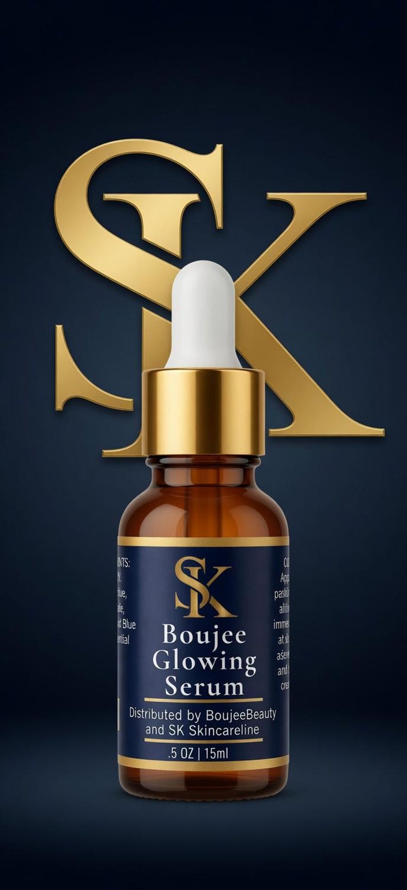 May include: A brown glass bottle with a gold dropper and white top, labelled "Boujee Glowing Serum." The bottle is set against a dark blue background with a gold "SK" logo. The label includes the text "Distributed by BoujeeBeauty and SK Skincareline."