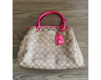 本物 COACH シグネチャー ショルダーハンドバッグ レザー ブラウン ピンク