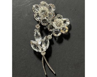 Vintage SIGNED Czechoslovakia Silver Tone Clear Rhinestone Flower Brooch