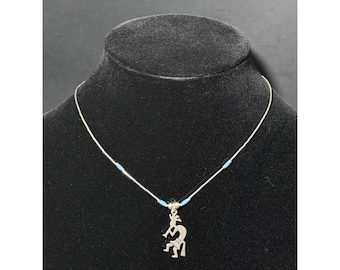 Vintage 925 Sterling Silver Kokopelli Pendant Barrell Beads Turquoise Necklace