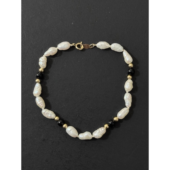 Vintage IPS 14k Gold Freshwater Pearl Onyx Beaded Bracelet