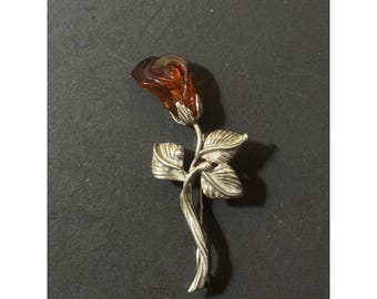 Broche vintage de rosa de ámbar báltico tallado en plata de ley 925