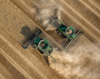 Deere Crossing! Two John Deere combines pass while harvesting wheat! Agricultural Wall Art, John Deere Wall Decor. Metal, Canvas, Acrylic