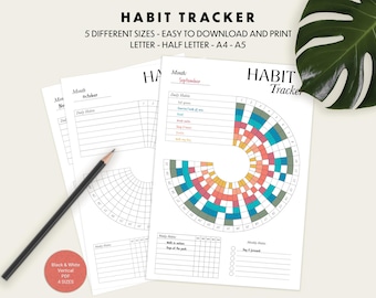 May include: A habit tracker printable with the text "HABIT TRACKER" and "5 DIFFERENT SIZES - EASY TO DOWNLOAD AND PRINT". The design includes a circular chart with colorful segments and space for daily and monthly habits. A pencil is placed on the left.