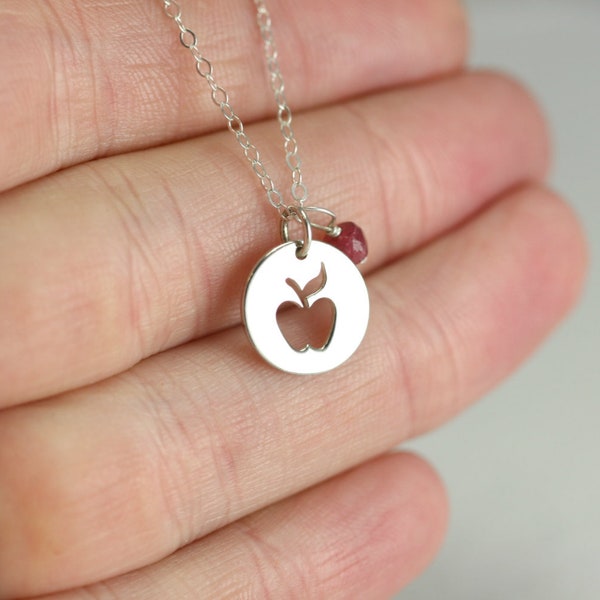 Sterling Silver Tiny Apple Necklace with Natural Birthstone, Personalized Jewelry for Women, 2023 End of Year Teacher Appreciation Gift