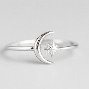 Minimalistischer Ring, Sterling Silber Ring, verstellbarer Ring, Mond und Stern Ring, Stern Mond Ring, zierlicher Ring