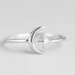 Sterling Star Ring, Moon Ring, Celestial Ring, Adjustable Ring, Moon and Star Ring, Star Moon Ring, Dainty Ring Silver, Minimalist Ring