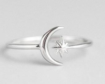 Sterling Star Ring, Moon Ring, Celestial Ring, Adjustable Ring, Moon and Star Ring, Star Moon Ring, Dainty Ring Silver, Minimalist Ring