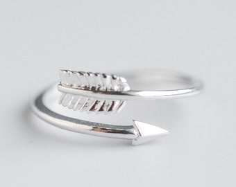 Sterling Silver Arrow Ring for Women - Adjustable Stacking Ring - Delicate Size 5 6 7 8 9 10 Wanderlust Band - Wrap Ring