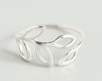 925 Sterling Silver Leaf Ring for Women - Nature Inspired Dainty Ring - Floral Leaves Adjustable Ring - Branch Vine Ring - Size 5 6 7 8 9 10