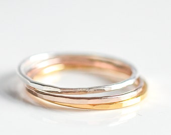 Zilver, Goud, Rose Gouden Ring Set - Gehamerde Ring voor Vrouwen - Delicate Minimalistische Ring - Dunne Stapelringen - Sierlijke Ring Maat 5 6 7 8 9 10