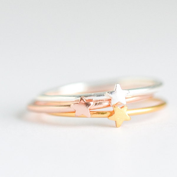 Gold, Rose Gold and Sterling Silver Star Ring, Celestial Ring, Dainty Stackable Rings Set, Thin Silver Star Ring, Sizes 5 6 7 8 9 10