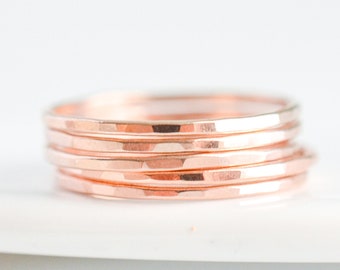 14k Rose Gold Filled Stacking Ring Set for Women - Minimalist Rose Goldfilled Stackable Ring - Simple Hammered Dainty Ring Size 5 6 7 8 9 10