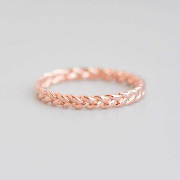 Rose Gold Braided Ring for Women, Simple Dainty Ring, Minimalist Stacking Ring, Thick Wedding Band, Braid Stack Thumb Ring Size 5 6 7 8 9 10