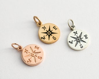 Small Sterling Silver Compass Charm - Dainty Rose Gold Compass Add On Charm - Tiny Bronze Travel Inspired Goldfilled Pendant