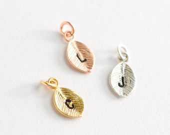 Tiny Personalized Initial Leaf Add on Charm in Silver, Gold and Rose Gold Finish - Small Custom Monogram Pendant - Letter