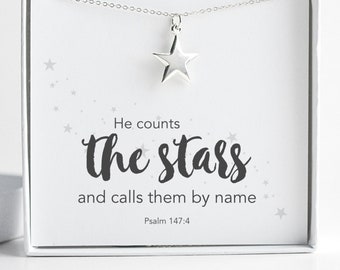 He Counts the Stars Bible Verse Necklace, Psalms 147:4 Christian Necklace for Women, Sister Missionary Necklace, Religious Gifts for Girls