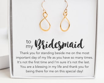 Gold Bridesmaid Drop Earrings, Junior Bridesmaid Gift Earrings, Bridesmaid Proposal Gift, Bridesmaid Earrings Gift for Bridesmaid, Infinity