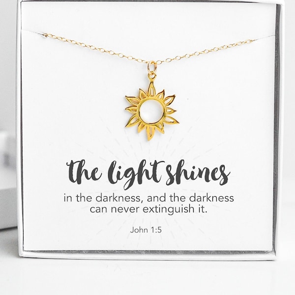 Sun Necklace, Bible Verse Jewelry John 1:5, Baptism Gift Girl, Christian Necklace, Faith Jewelry for Women Teen, Scripture Jewelry for Her