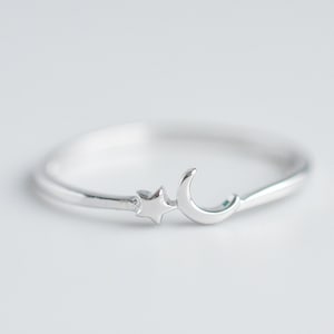 Ring Mond und Sterne, Sterling Silber Ring, Mond Ring, himmlischen Ring, verstellbare Ring, Stern Mond Ring, zierliche Ring Silber, minimalistischen Ring