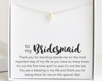 Sterling Silver Bridesmaid Necklace, Freshwater Single Pearl Necklace, Junior Bridesmaid Gift, Bridesmaid Thank You Card, Real Pearl Jewelry