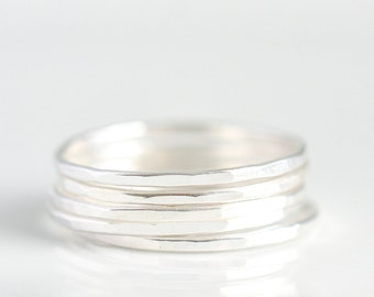 Sterling Silver Stacking Rings for Women - Ultra Thin Band Stack Ring - Skinny Hand Hammered Stackable Rings - Dainty Size 5 6 7 8 9 10