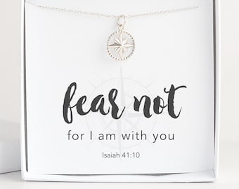Fear Not Compass Necklace, Bible Verse Isaiah 41:10 Modern Christian Necklaces for Women, Faith Based Jewelry, Christian LDS Baptism Gift