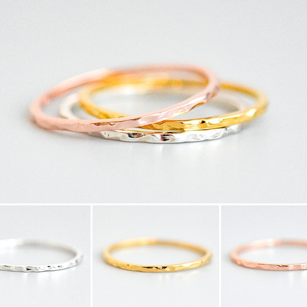 Sterling Silver Stacking Ring for Women, Gold Filled Stackable Ring, Simple Hand Hammered Ring, Thin Band, Dainty Ring Size 5 6 7 8 9 10