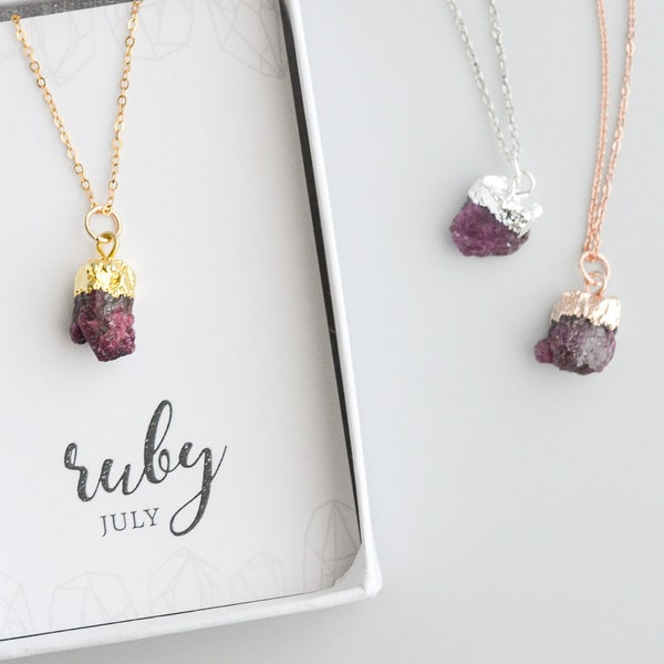 Raw Ruby Necklace in Sterling Silver, Gold or Rose Gold, July Birthstone Necklace for Mom, Sister Birthday Gift, Rough Cut Gemstone Jewelry