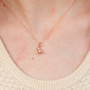 Op de afbeelding: Een delicate roségouden ketting met een kleine vogelhanger. De vogelbedel is ingewikkeld gedetailleerd en de ketting wordt gedragen over een crèmekleurige trui. De ketting is fijn en de hanger is ongeveer 1,3 cm lang.