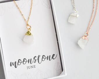 Ruwe maansteen ketting in sterling zilver, rose goud en 14k goud gevuld, juni birthstone sieraden, verjaardagscadeau idee voor beste vriend zus