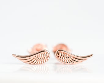 Rose Gold Angel Wing Stud Earrings - Dainty Guardian Angel Wing Post - Winged Minimalist Tiny Studs