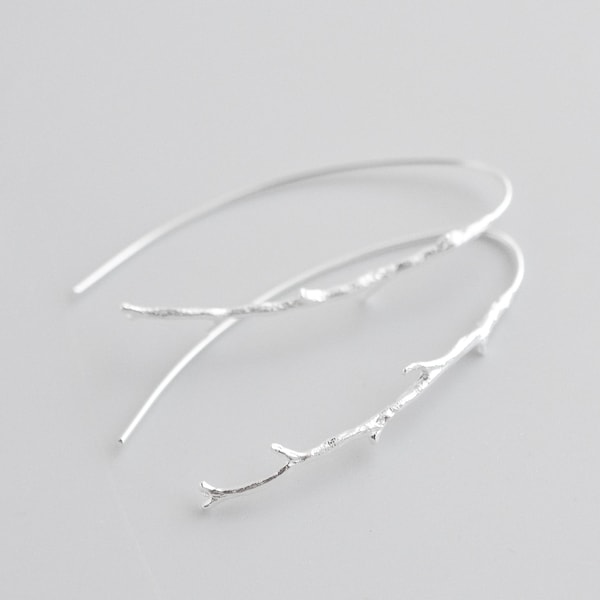 Sterling Silver Threader Earrings, Branch Hook Earrings, Tree Branch Textured Drops, Modern Silver Thread Earrings, Nature Inspired Jewelry