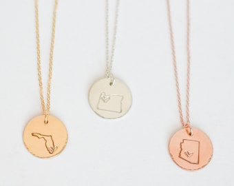 Sterling Silver State Necklace, Best Friend Lond Distance Gift, Custom Gold Filled State Charm, Personalized Hand Stamped Jewelry Friendship