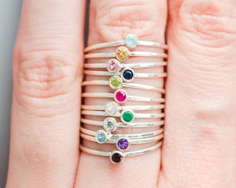 Birthstone Ring, Sterling Silver Birthstone Stacking Ring, Stackable Mothers Ring, Birthstone Ring for Mom Stack Ring Size 5 6 7 8 9 10