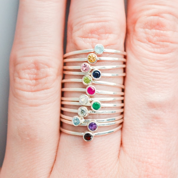 Birthstone Ring, Sterling Silver Birthstone Stacking Ring, Stackable Mothers Ring, Birthstone Ring for Mom Stack Ring Size 5 6 7 8 9 10